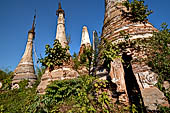 Inle Lake Myanmar. Indein, a cluster of ancient stupas  ruined and overgrown with bushes, just behind the village. 